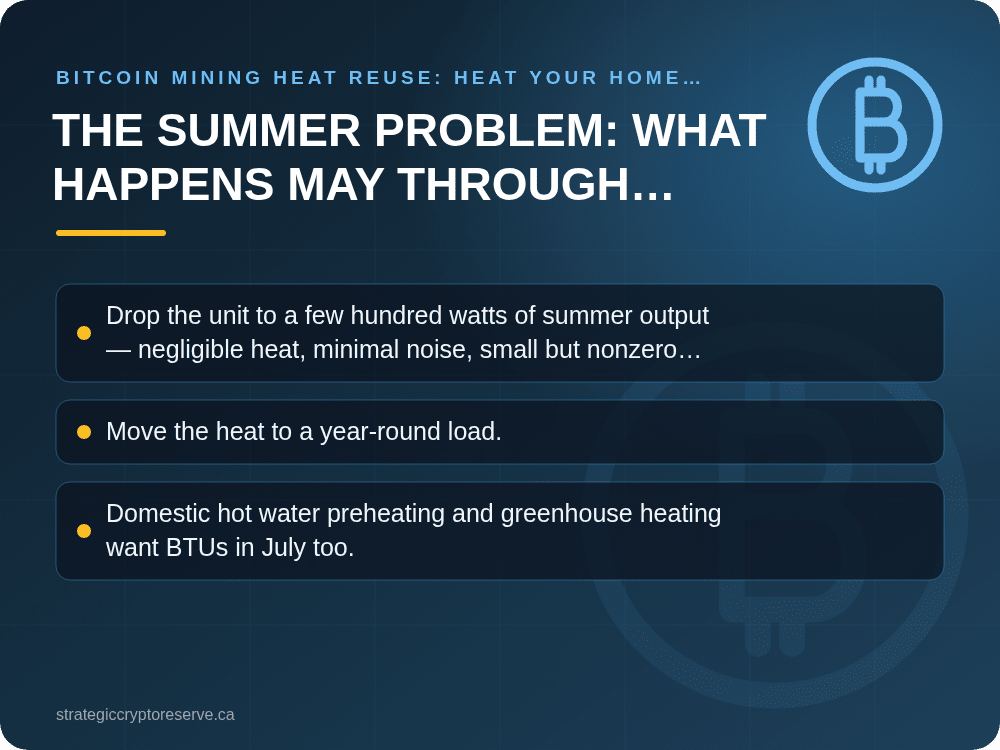 The Summer Problem: What Happens May Through September: Bitcoin Mining Heat Reuse: Heat Your Home with ASIC Miners in BC