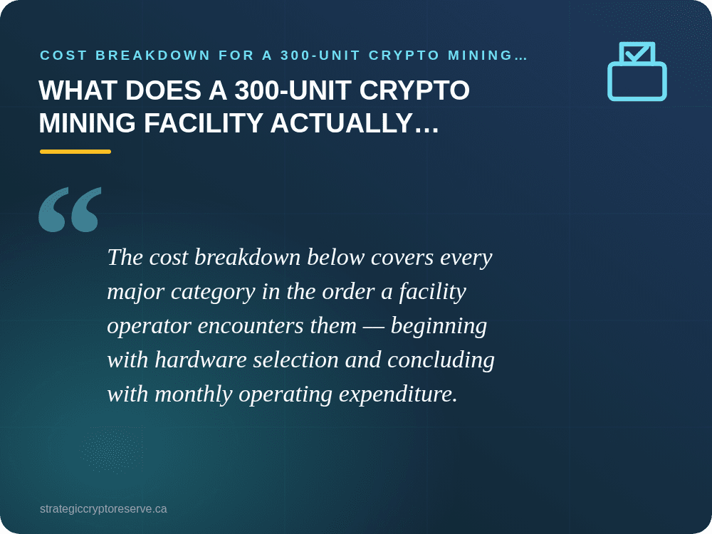 What Does a 300-Unit Crypto Mining Facility Actually Include?: Cost Breakdown for a 300-Unit Crypto Mining Facility (2026 Canada)