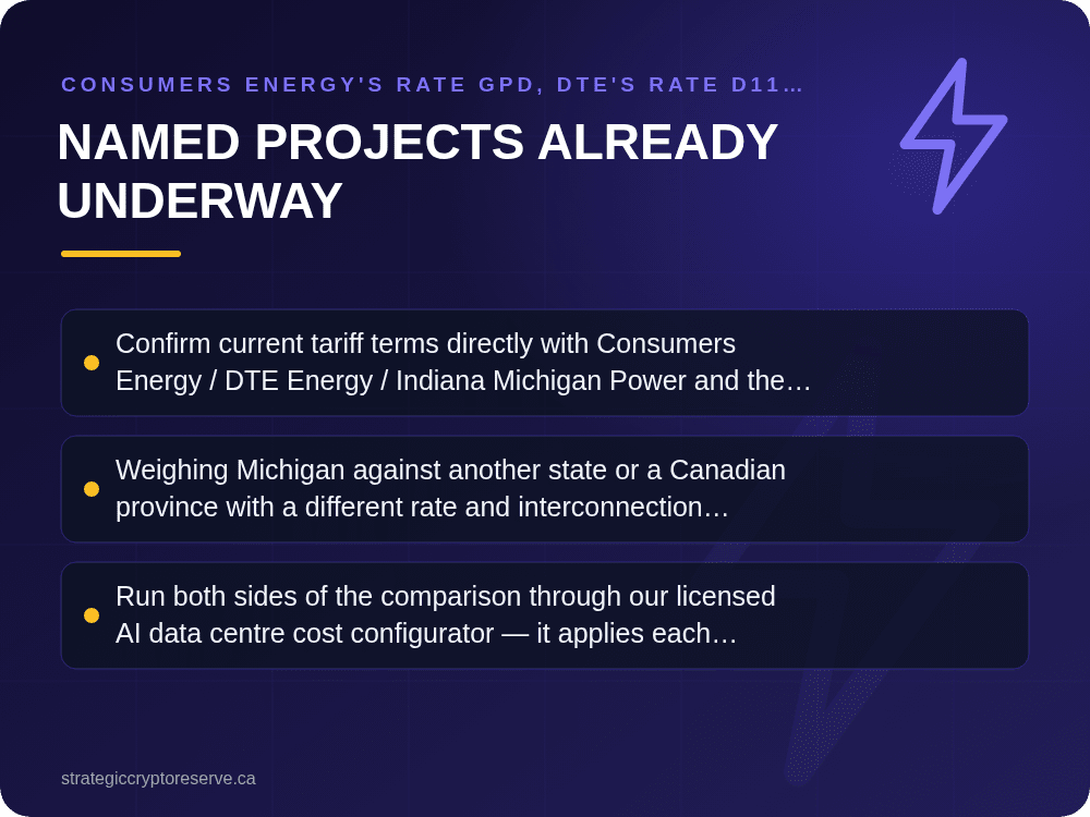 Named Projects Already Underway: Consumers Energy's Rate GPD, DTE's Rate D11 and I&M's Tariff LP: What It Means for AI Data Center Siting in Michigan