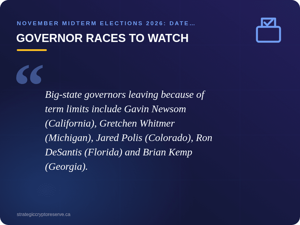 Governor Races to Watch: November Midterm Elections 2026: Date, Ballot, Key Races & Markets