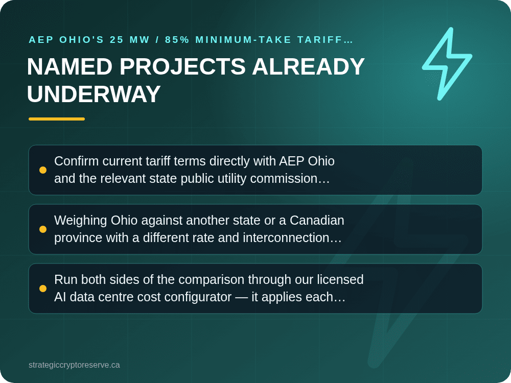 Named Projects Already Underway: AEP Ohio's 25 MW / 85% Minimum-Take Tariff: What It Means for AI Data Center Siting in Ohio