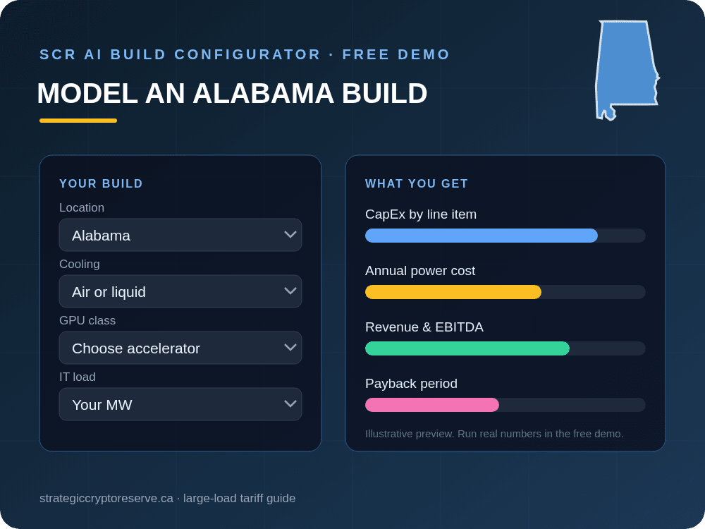 Model a Alabama data center build in the SCR AI Build Configurator: CapEx, power cost, EBITDA and payback