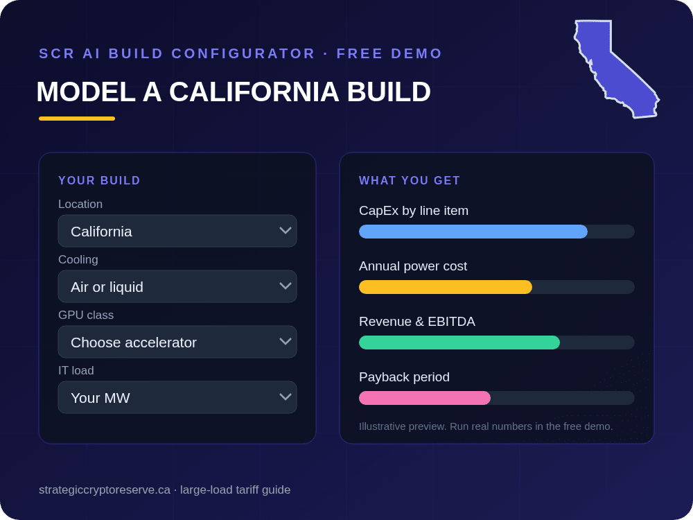Model a California data center build in the SCR AI Build Configurator: CapEx, power cost, EBITDA and payback