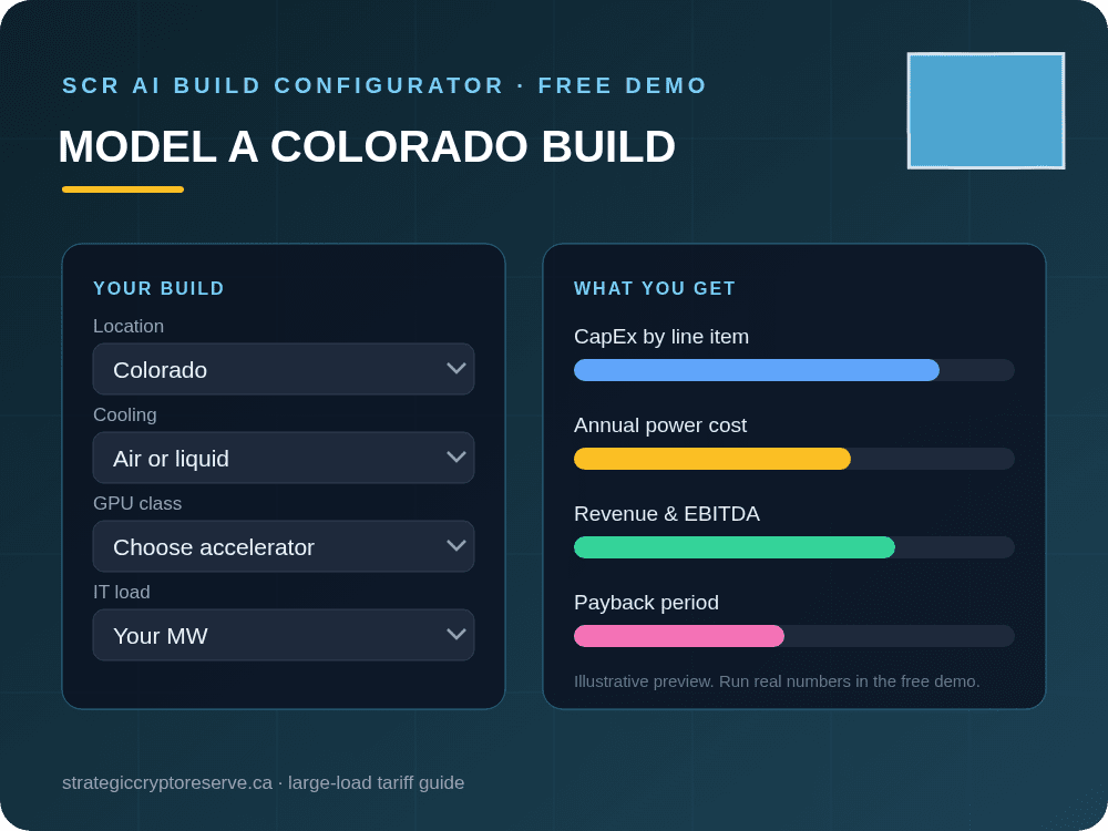 Model a Colorado data center build in the SCR AI Build Configurator: CapEx, power cost, EBITDA and payback