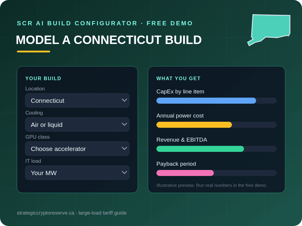 Model a Connecticut data center build in the SCR AI Build Configurator: CapEx, power cost, EBITDA and payback