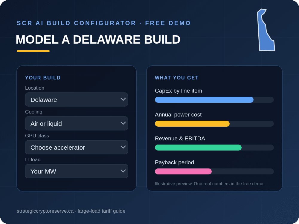 Model a Delaware data center build in the SCR AI Build Configurator: CapEx, power cost, EBITDA and payback