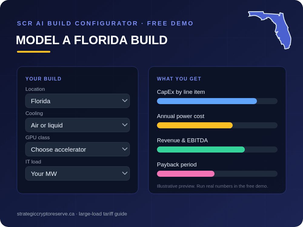 Model a Florida data center build in the SCR AI Build Configurator: CapEx, power cost, EBITDA and payback