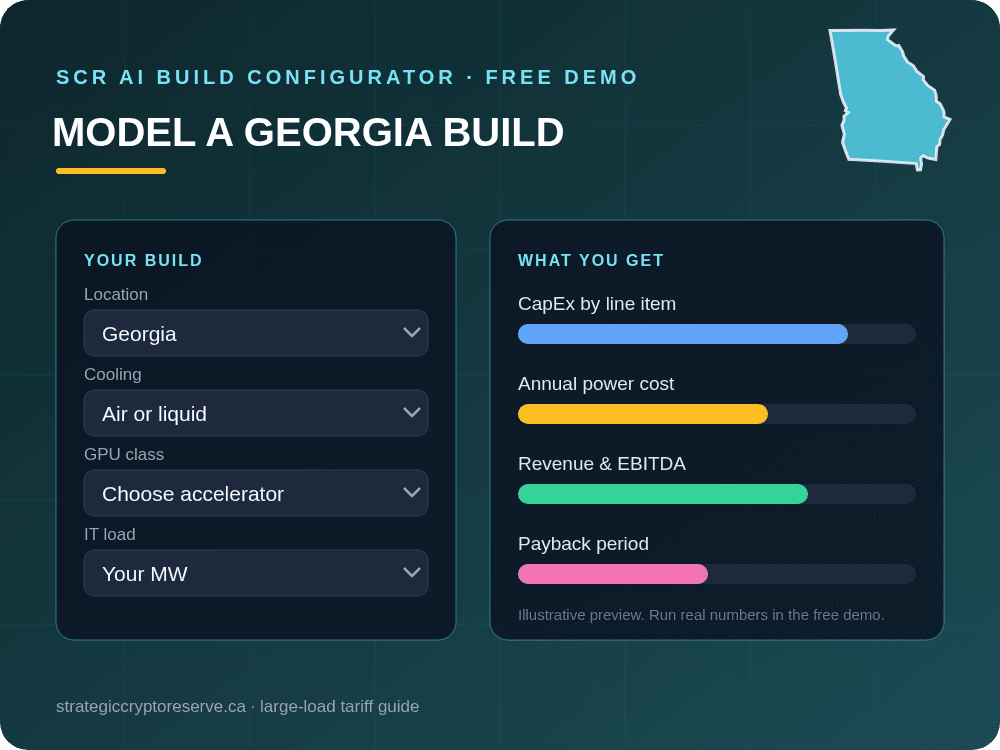 Model a Georgia data center build in the SCR AI Build Configurator: CapEx, power cost, EBITDA and payback