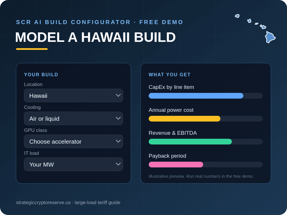 Model a Hawaii data center build in the SCR AI Build Configurator: CapEx, power cost, EBITDA and payback
