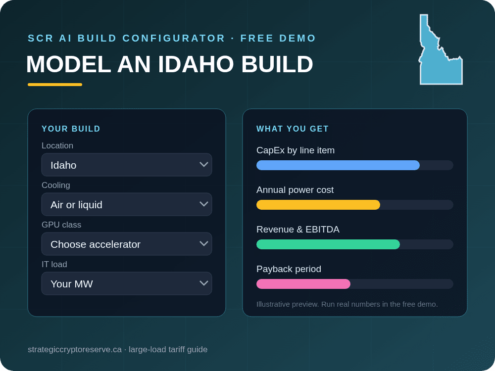 Model a Idaho data center build in the SCR AI Build Configurator: CapEx, power cost, EBITDA and payback