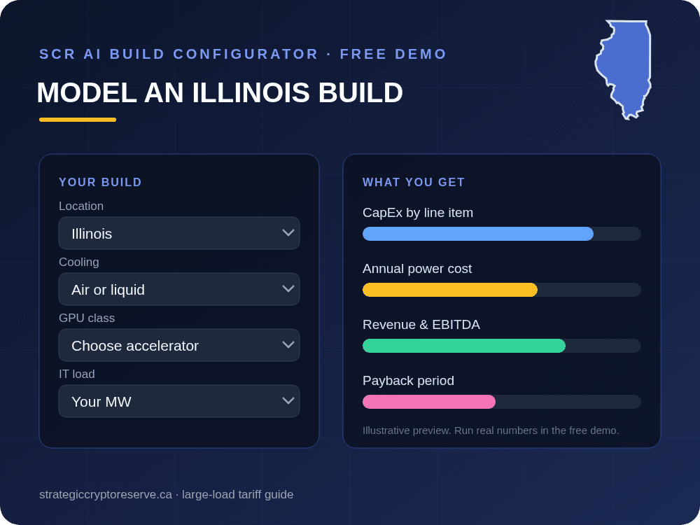 Model a Illinois data center build in the SCR AI Build Configurator: CapEx, power cost, EBITDA and payback