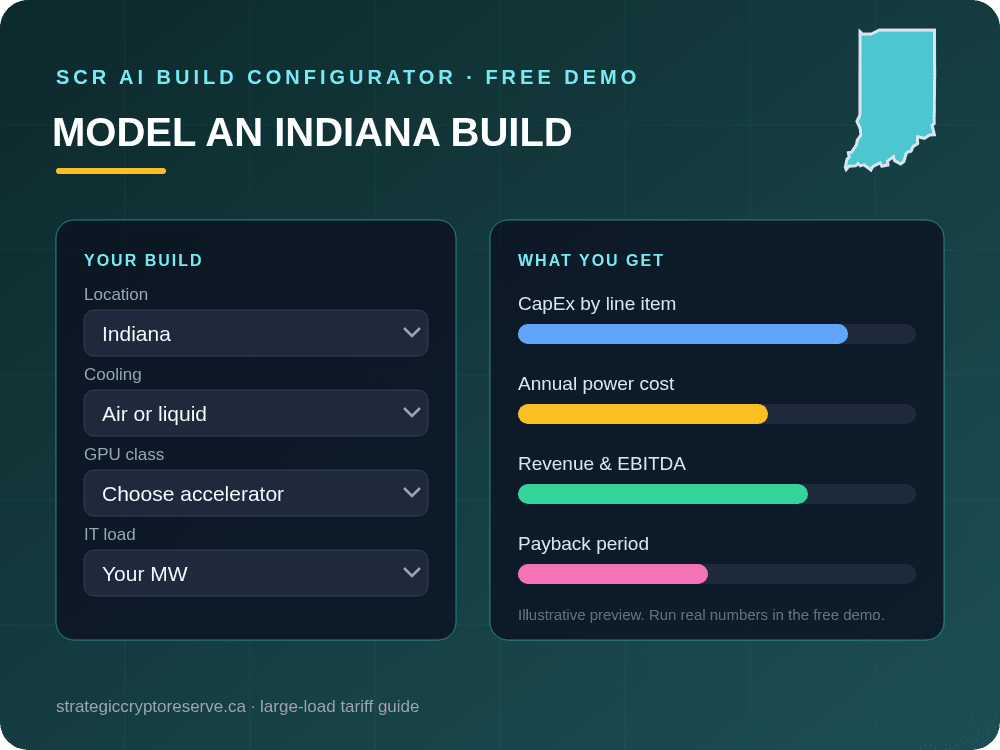 Model a Indiana data center build in the SCR AI Build Configurator: CapEx, power cost, EBITDA and payback