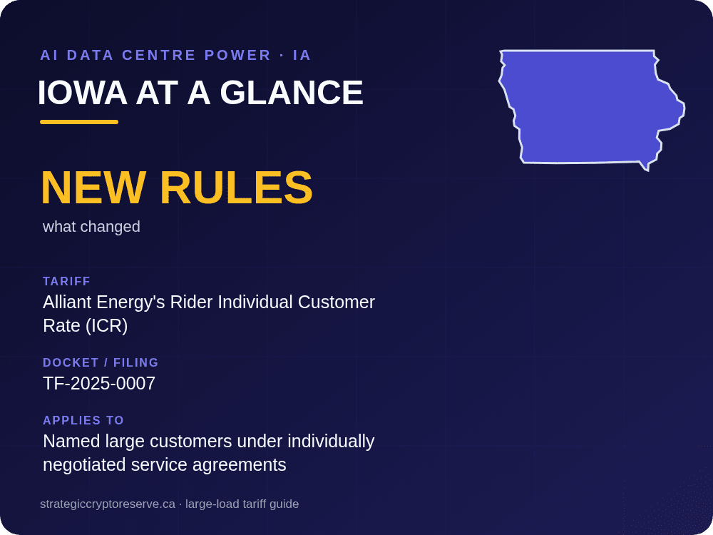 Iowa at a glance: large-load tariff threshold, docket and who it applies to