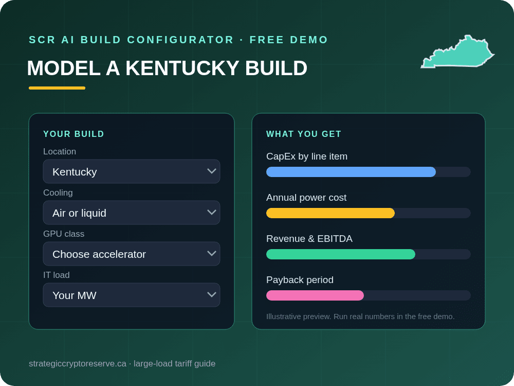 Model a Kentucky data center build in the SCR AI Build Configurator: CapEx, power cost, EBITDA and payback