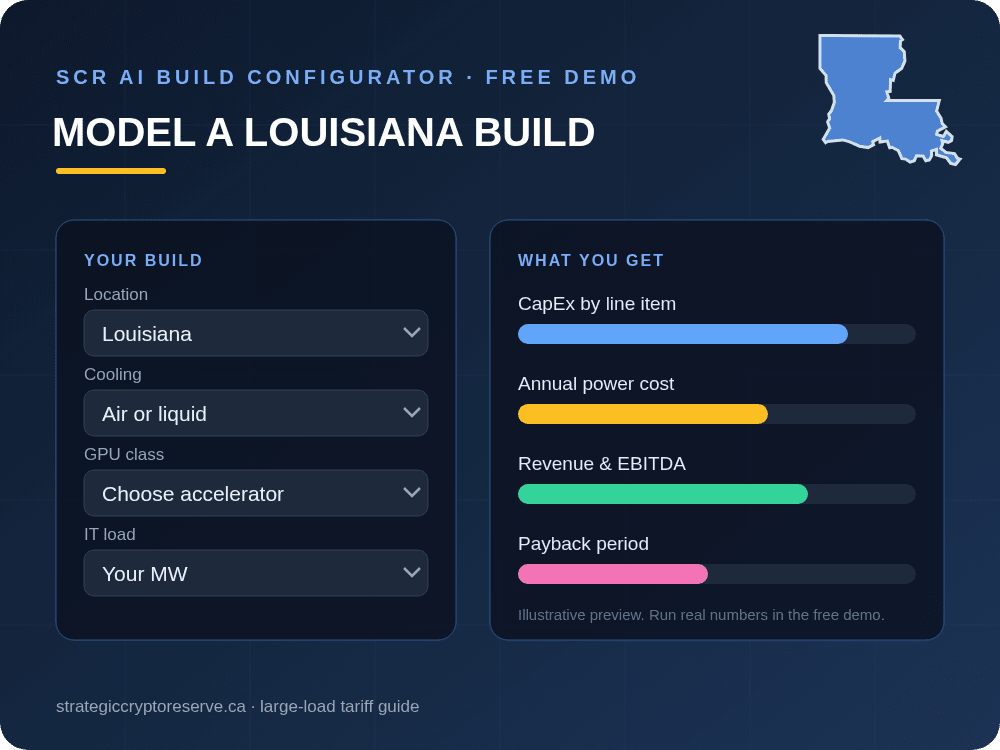 Model a Louisiana data center build in the SCR AI Build Configurator: CapEx, power cost, EBITDA and payback