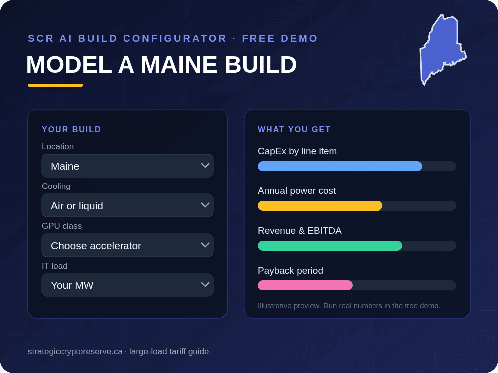 Model a Maine data center build in the SCR AI Build Configurator: CapEx, power cost, EBITDA and payback