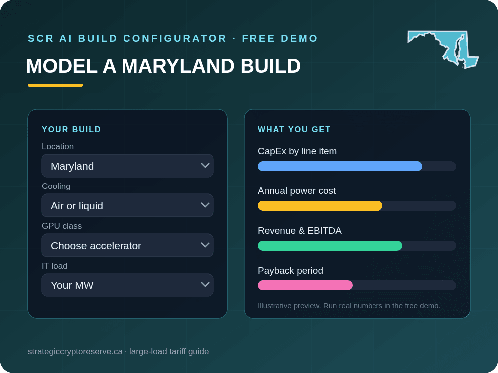 Model a Maryland data center build in the SCR AI Build Configurator: CapEx, power cost, EBITDA and payback