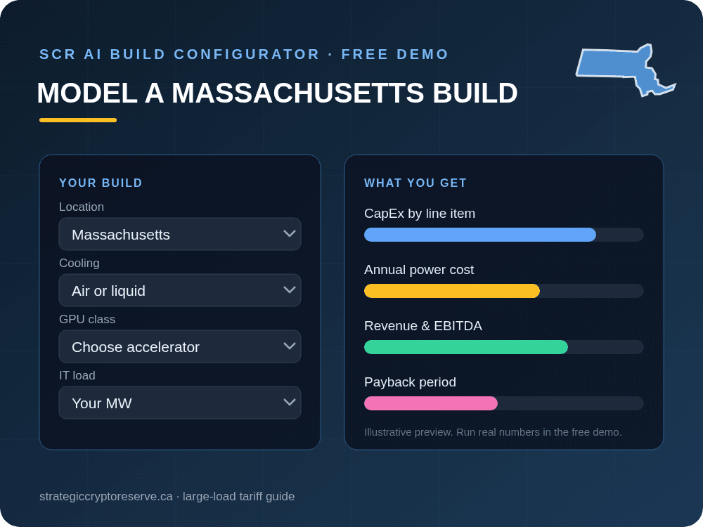Model a Massachusetts data center build in the SCR AI Build Configurator: CapEx, power cost, EBITDA and payback