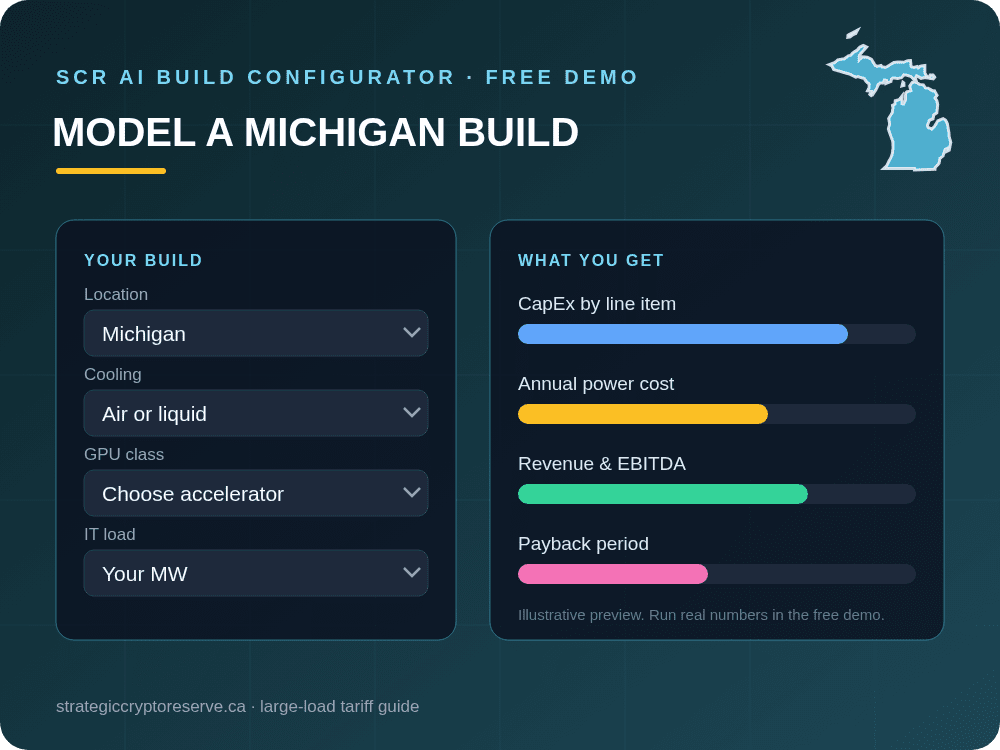 Model a Michigan data center build in the SCR AI Build Configurator: CapEx, power cost, EBITDA and payback