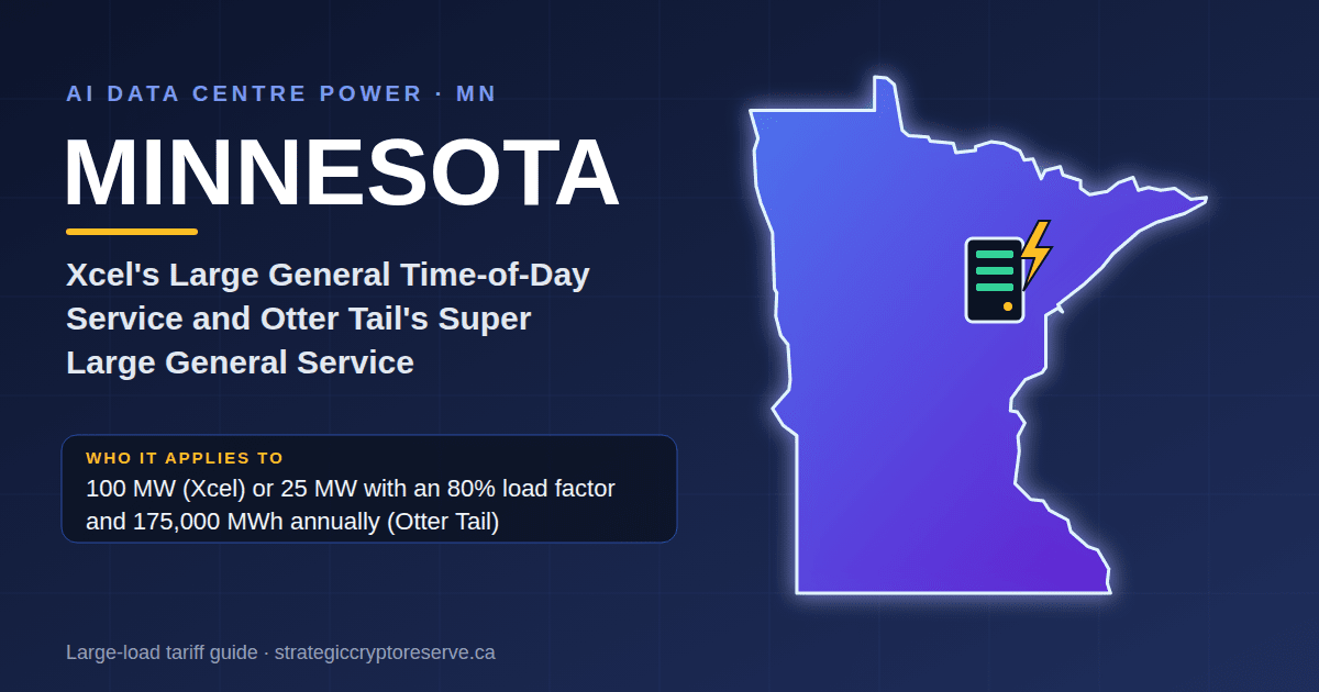 Minnesota AI data center power map: Xcel's Large General Time-of-Day Service and Otter Tail's Super Large General Service large-load tariff