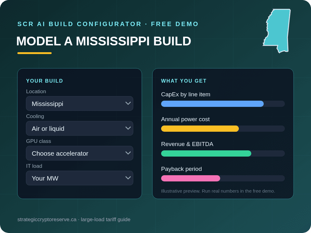 Model a Mississippi data center build in the SCR AI Build Configurator: CapEx, power cost, EBITDA and payback