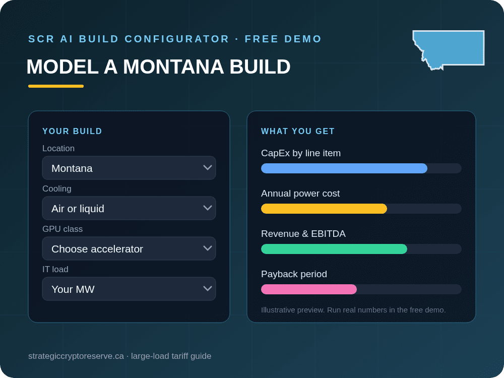 Model a Montana data center build in the SCR AI Build Configurator: CapEx, power cost, EBITDA and payback
