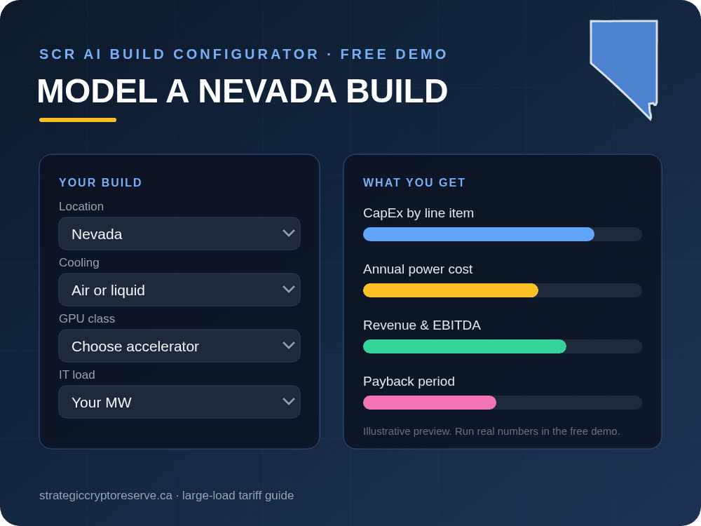 Model a Nevada data center build in the SCR AI Build Configurator: CapEx, power cost, EBITDA and payback