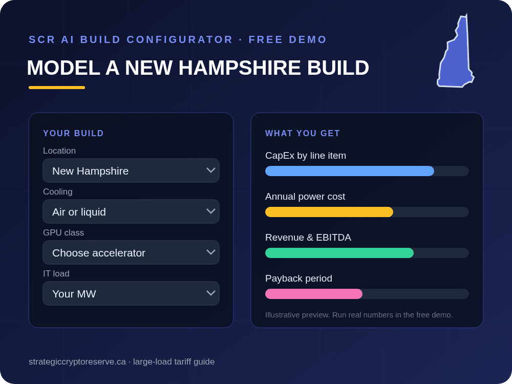 Model a New Hampshire data center build in the SCR AI Build Configurator: CapEx, power cost, EBITDA and payback
