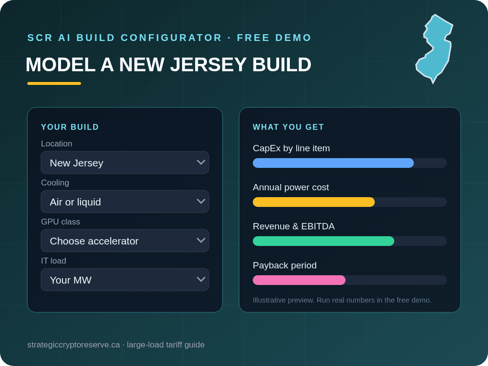 Model a New Jersey data center build in the SCR AI Build Configurator: CapEx, power cost, EBITDA and payback