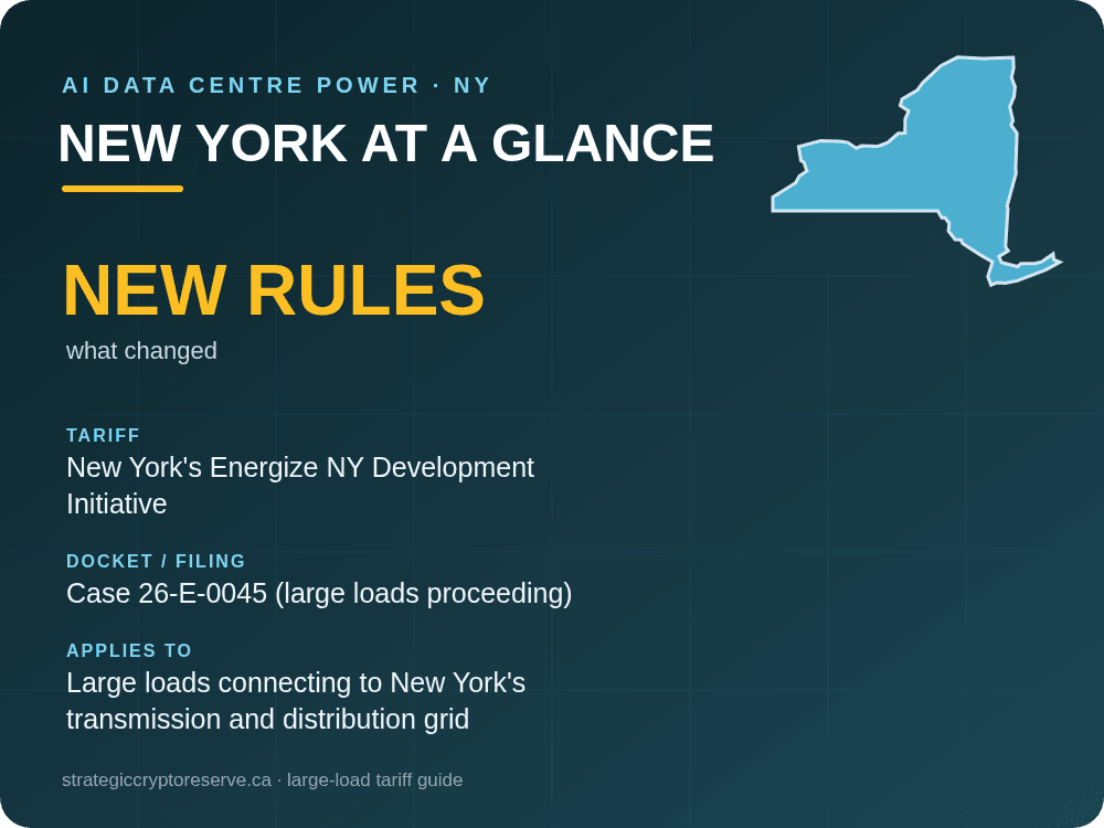 New York at a glance: large-load tariff threshold, docket and who it applies to
