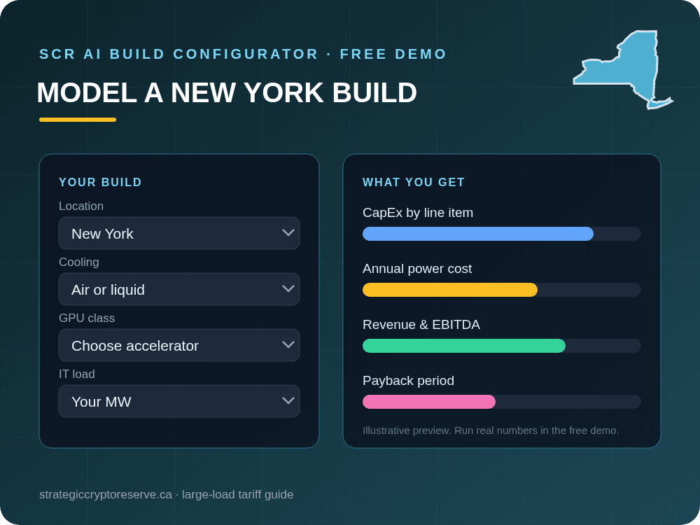 Model a New York data center build in the SCR AI Build Configurator: CapEx, power cost, EBITDA and payback