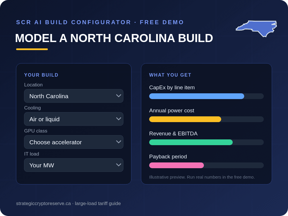 Model a North Carolina data center build in the SCR AI Build Configurator: CapEx, power cost, EBITDA and payback
