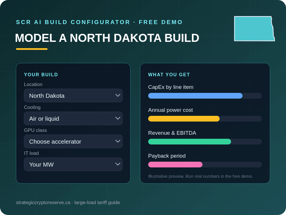 Model a North Dakota data center build in the SCR AI Build Configurator: CapEx, power cost, EBITDA and payback