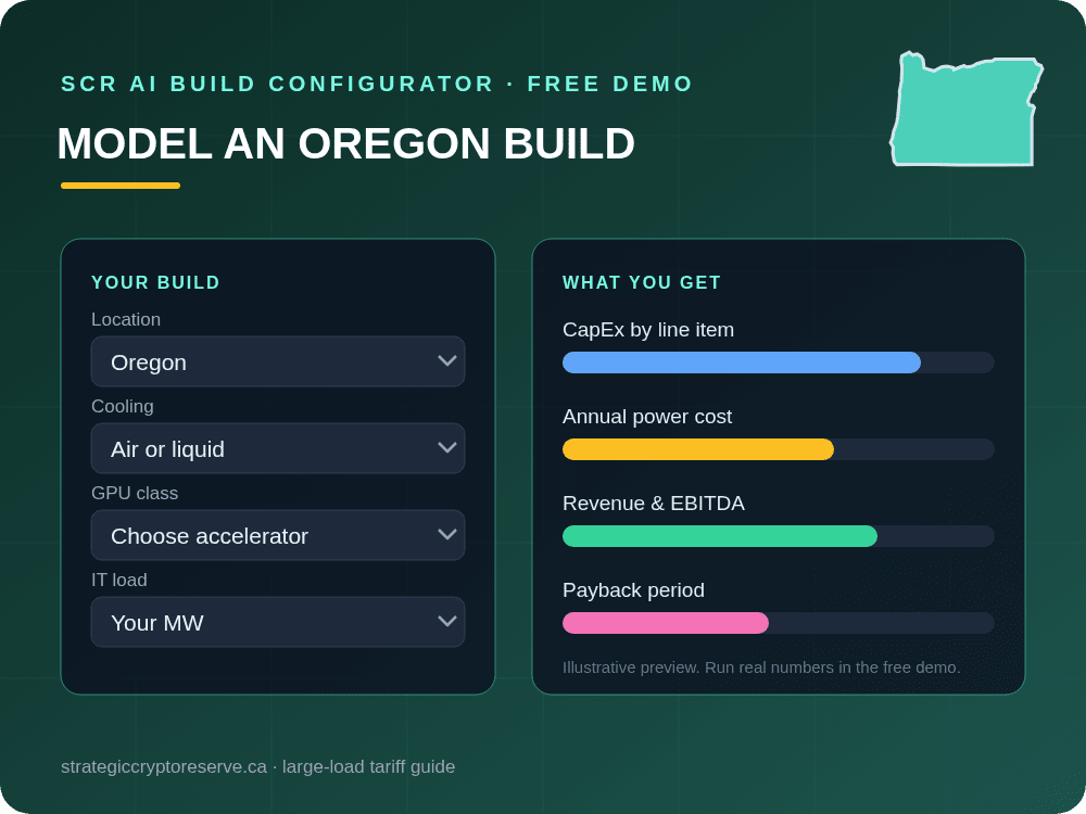 Model a Oregon data center build in the SCR AI Build Configurator: CapEx, power cost, EBITDA and payback