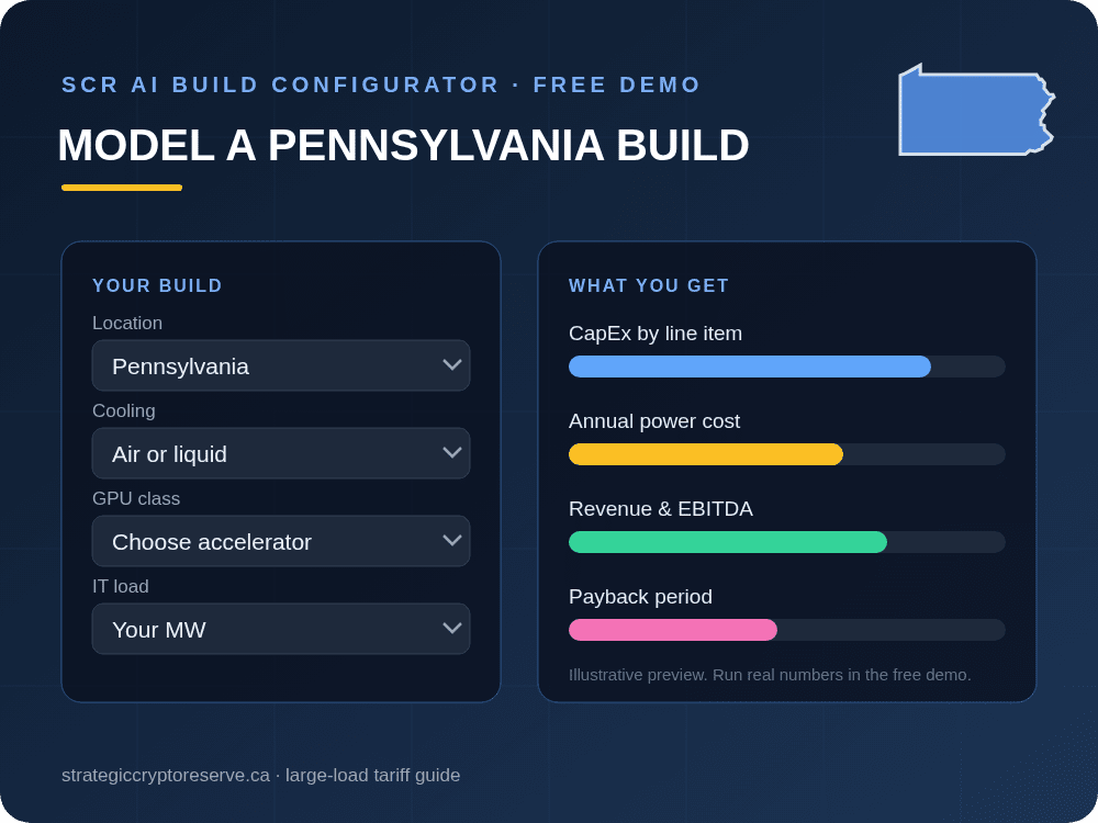Model a Pennsylvania data center build in the SCR AI Build Configurator: CapEx, power cost, EBITDA and payback