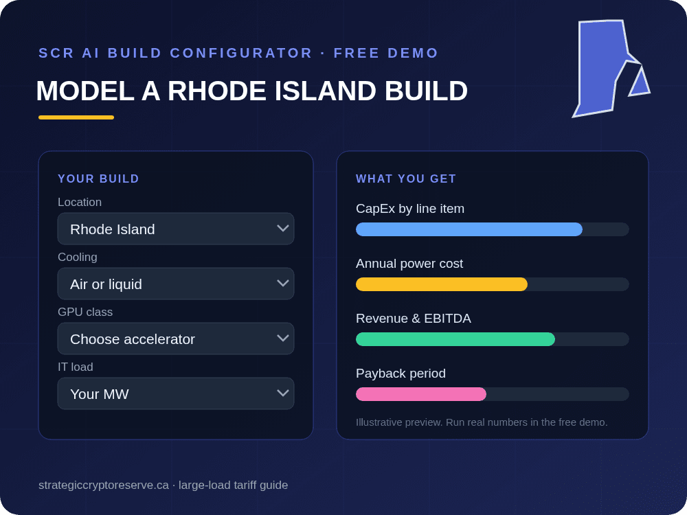 Model a Rhode Island data center build in the SCR AI Build Configurator: CapEx, power cost, EBITDA and payback