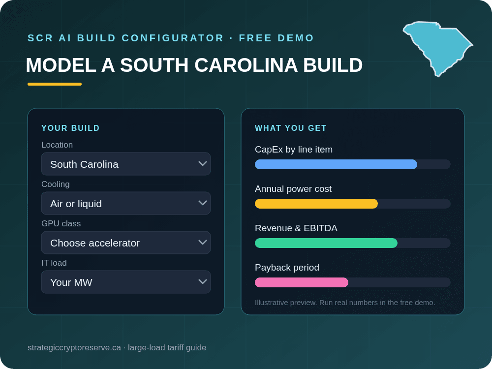 Model a South Carolina data center build in the SCR AI Build Configurator: CapEx, power cost, EBITDA and payback