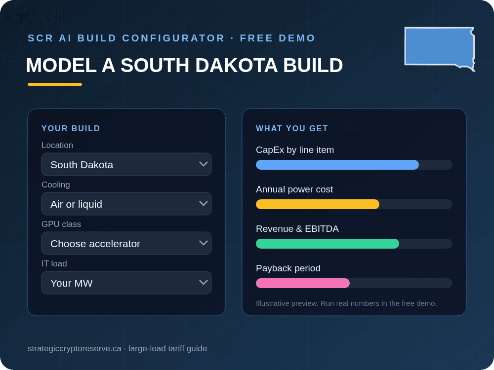 Model a South Dakota data center build in the SCR AI Build Configurator: CapEx, power cost, EBITDA and payback