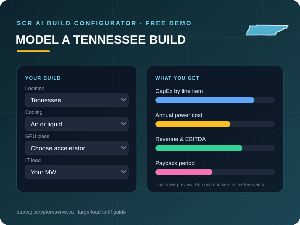 Model a Tennessee data center build in the SCR AI Build Configurator: CapEx, power cost, EBITDA and payback