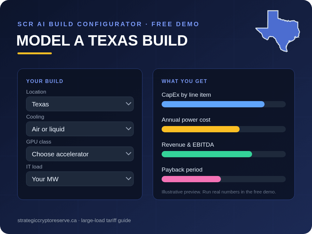 Model a Texas data center build in the SCR AI Build Configurator: CapEx, power cost, EBITDA and payback