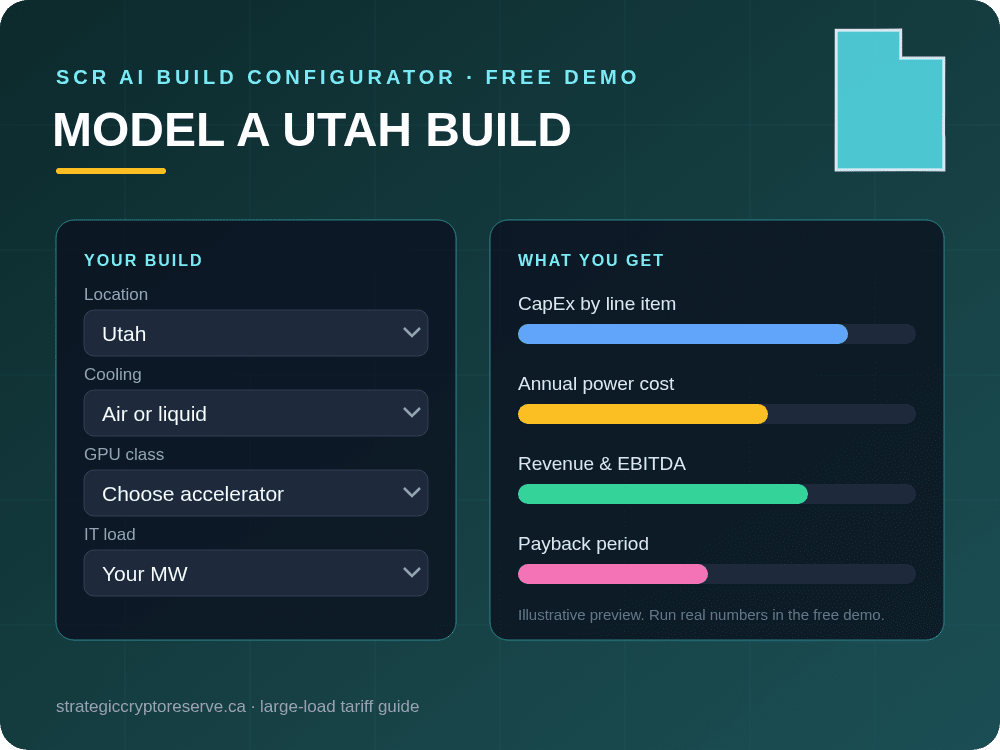 Model a Utah data center build in the SCR AI Build Configurator: CapEx, power cost, EBITDA and payback
