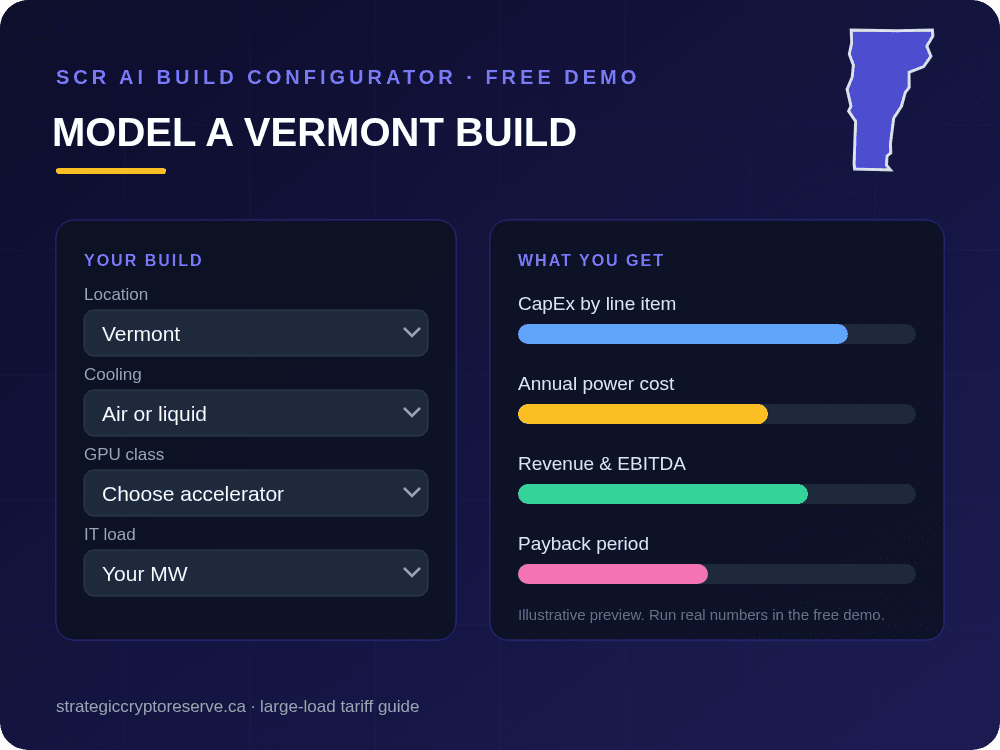 Model a Vermont data center build in the SCR AI Build Configurator: CapEx, power cost, EBITDA and payback