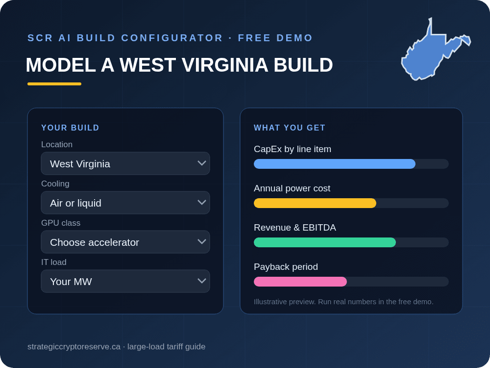 Model a West Virginia data center build in the SCR AI Build Configurator: CapEx, power cost, EBITDA and payback