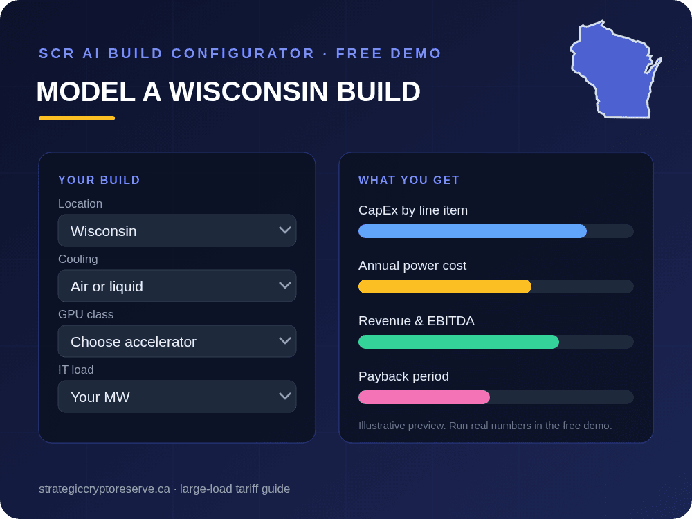 Model a Wisconsin data center build in the SCR AI Build Configurator: CapEx, power cost, EBITDA and payback