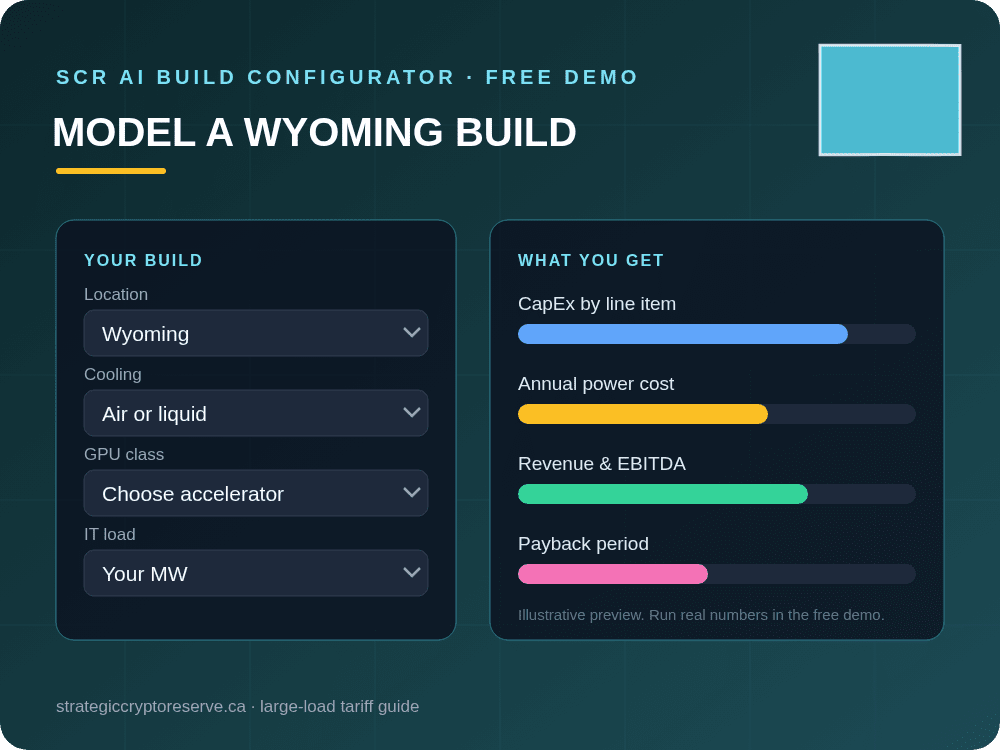 Model a Wyoming data center build in the SCR AI Build Configurator: CapEx, power cost, EBITDA and payback
