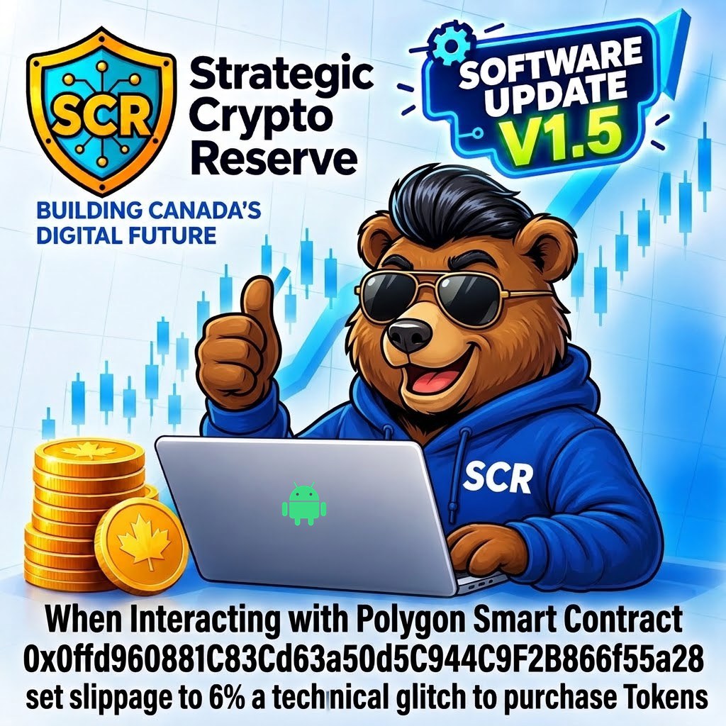 Strategic Crypto Reserve bear mascot giving a thumbs up at a laptop — Software Update V1.5