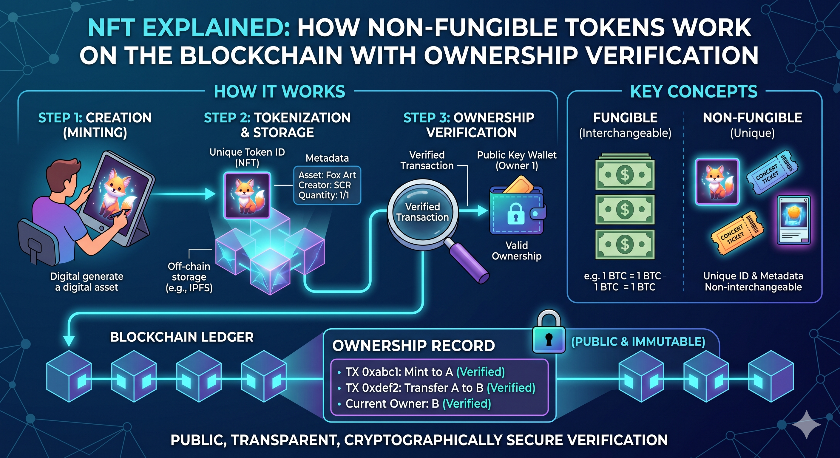 NFT explained — diagram showing how non-fungible tokens work on the blockchain with ownership verification